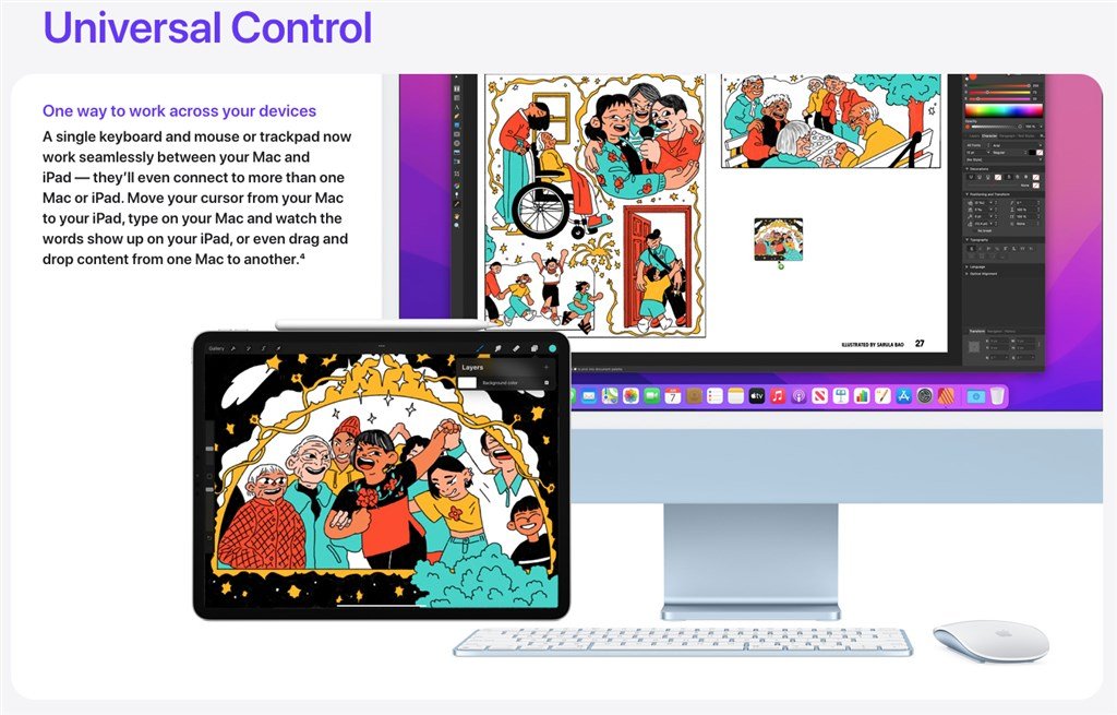 MacOS新软体可支援“一手掌控”（universal control）功能，使用者透过滑鼠或键盘，就能同时控制iMac桌机、MacBook手提电脑和iPad平板电脑。（图取自苹果公司网页）