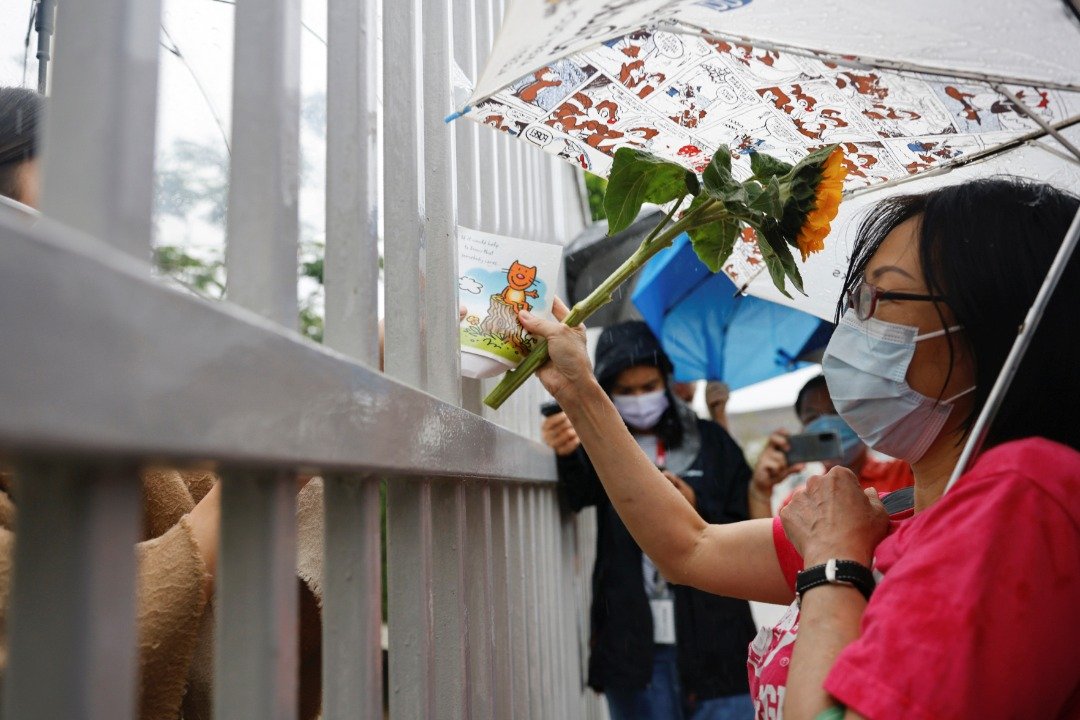 香港《苹果日报》支持者周三在壹传媒总部外，隔著篱笆向员工递上太阳花和卡片致意。（图取自路透社）