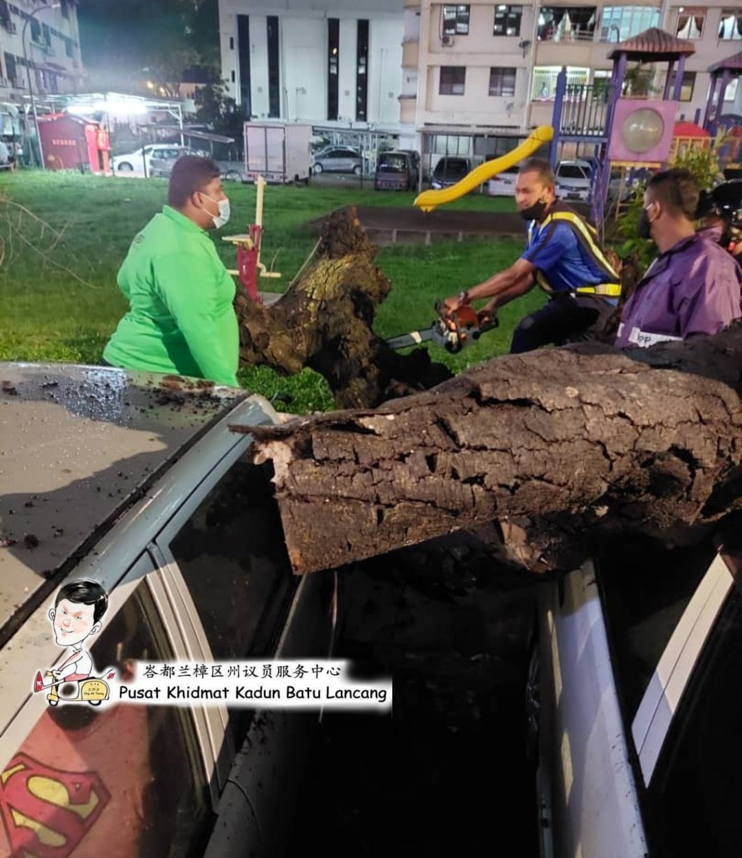 槟岛市政厅员工出动电锯，锯断压在2辆轿车上的树干。（图取自王耶宗面子书）
