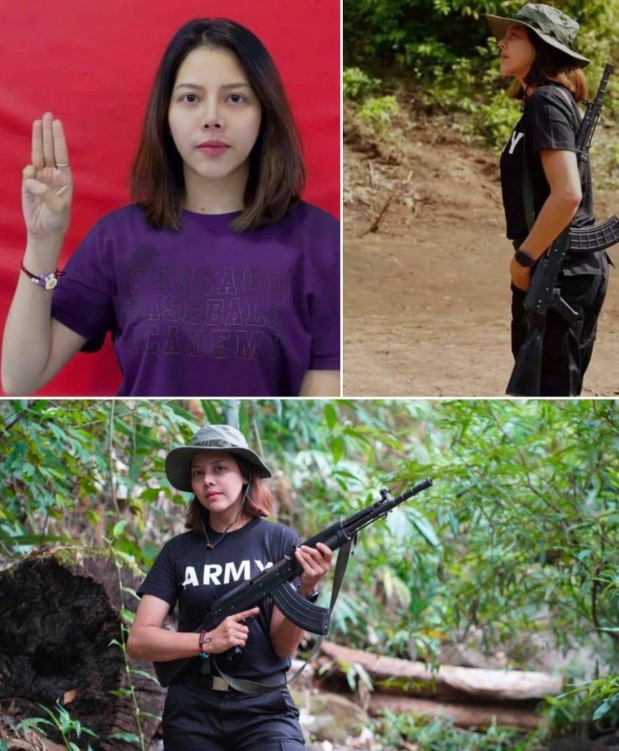 一名缅甸选美王后扔掉高跟鞋和选美小姐绶带，扛起突击步枪，在丛林中与反叛武装并肩作战，打击军政权。（图取自网络）