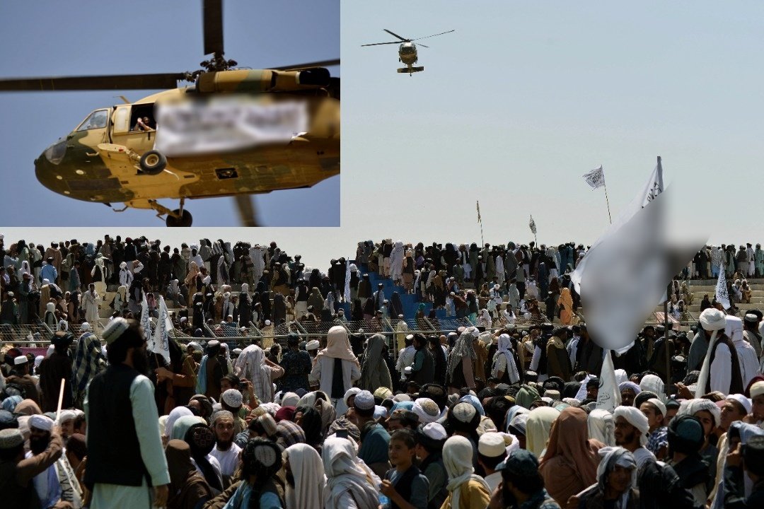 塔利班周三在坎大哈进行“大阅兵”巡游，众多支持者一路游行集结到板球场，一架美军的军用直升机（小图）在“阅兵场”上空盘旋，机上挂著塔利班旗帜。（图取自法新社）