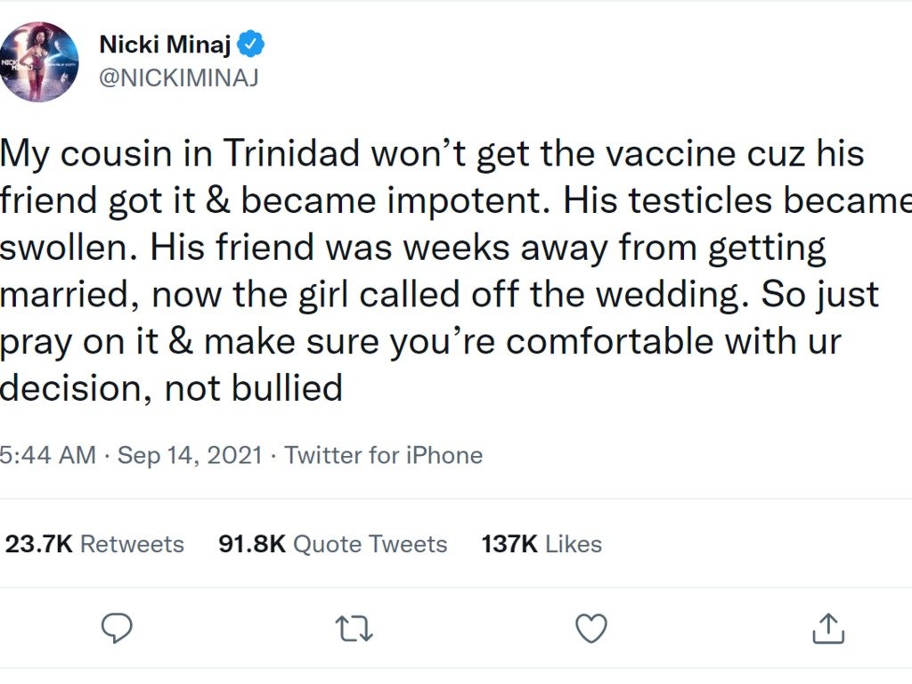 尼基米娜于社交媒体推特发文，声称她得悉其亲戚的朋友接种疫苗后导致性无能。（图翻摄自妮琪米娜推特）