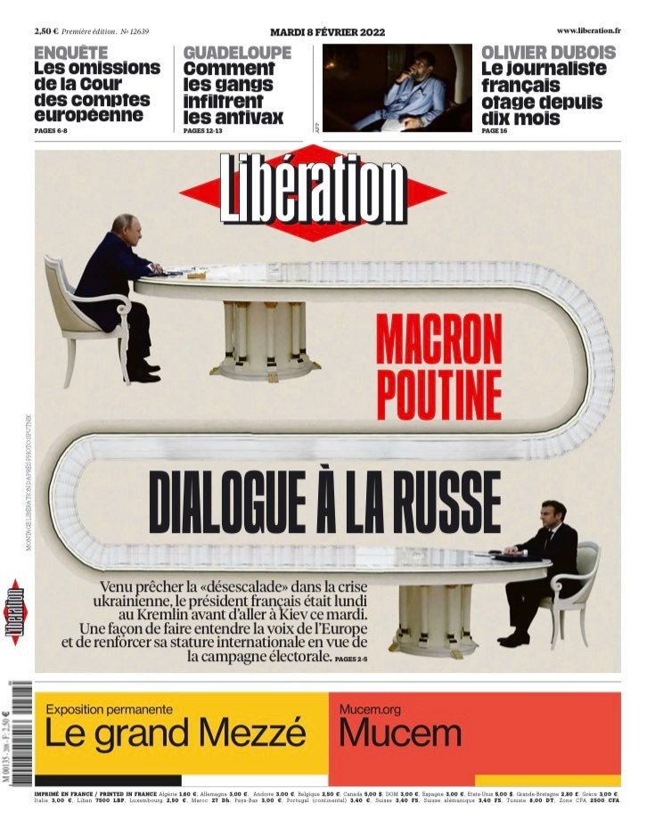 法国《解放报》在推特上发表周二报纸头版，调侃和吐槽马克龙与普京的“俄罗斯式对话”。（图取自《解放报》推特）