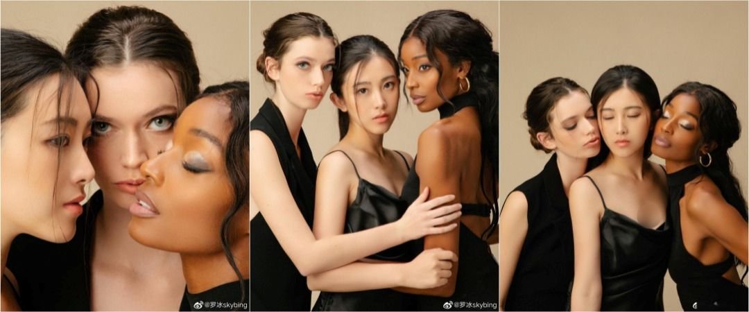 在这组照片里，代表黄种人的中国女模特儿化著清丽温婉的东方妆容，没有出现“眯眯眼”、“塌鼻梁”等西方关于亚洲人的刻板印象。（图取自微博）