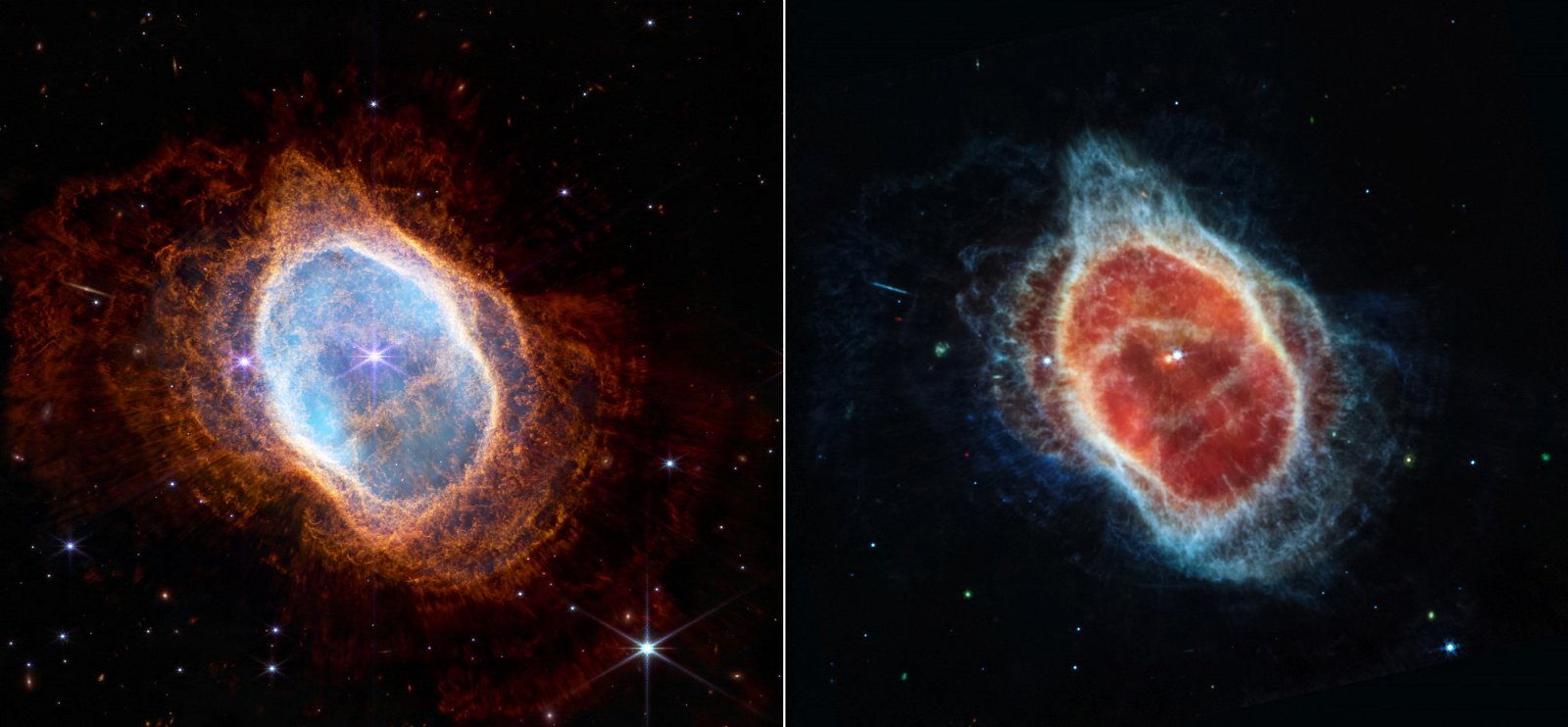 韦布观测到的南环星云，中心是一对彼此紧密环绕的双星。（图取自NASA/欧洲航天局/加拿大航天局/太空望远镜科学研究所/韦布ERO制作团队）