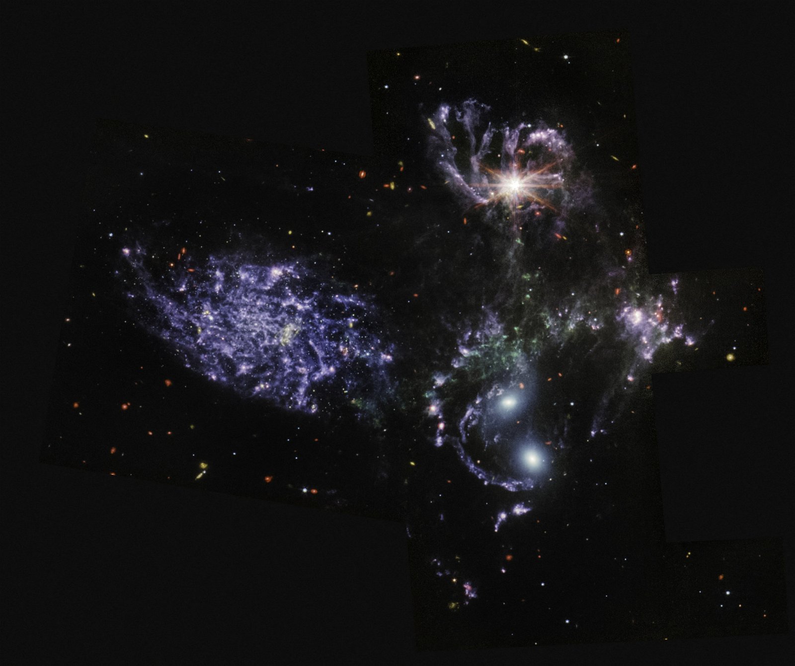 透过韦布太空望远镜中红外仪器看到，5个星系集合而成的斯蒂芬五重星系。（图取自NASA/欧洲航天局/加拿大航天局/太空望远镜科学研究所/韦布ERO制作团队）