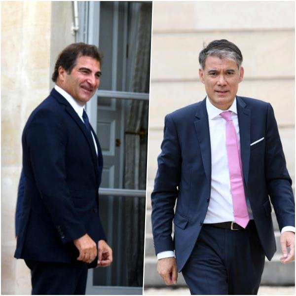 法国共和党主席雅各布（左）与法国社会党第一书记福尔于当地时间周二，到巴黎爱丽舍宫与总统马克龙会面。（图取自中新社）