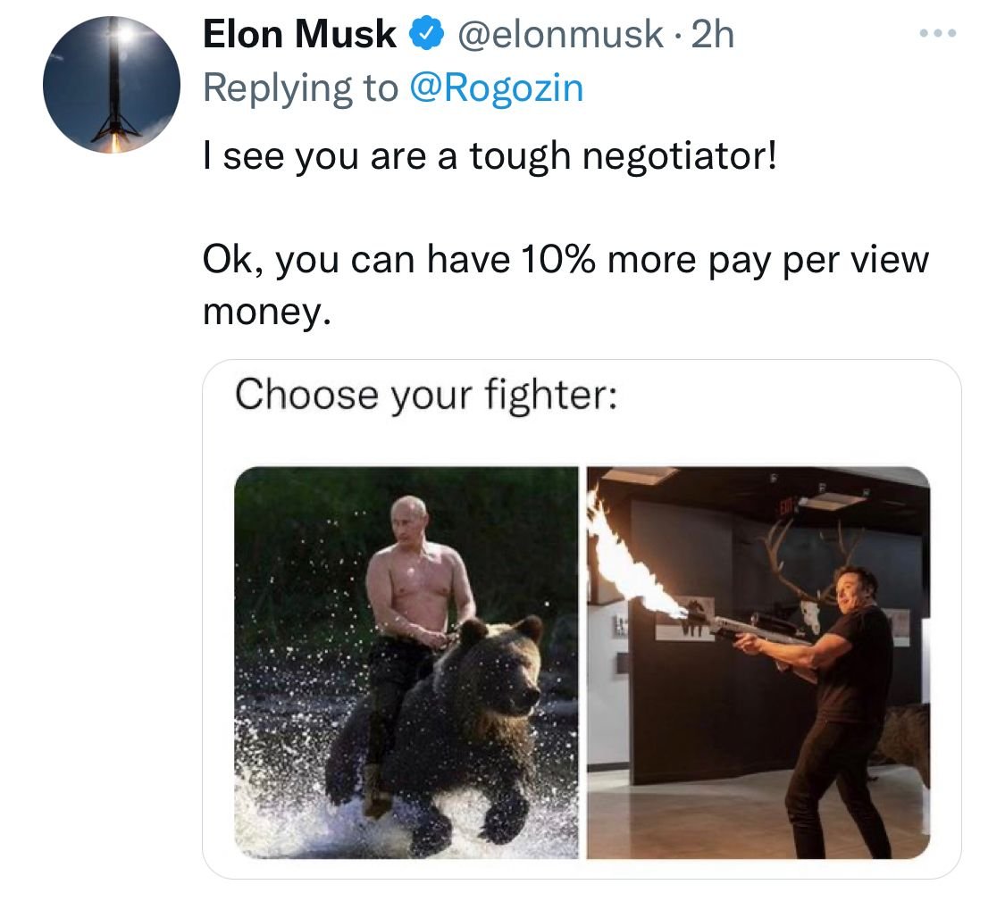 马斯克在最新一则推文中表示，“请选择你的斗士”。