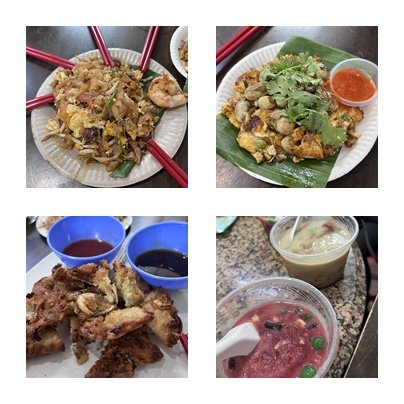 英叻及哥哥品尝的食物有炒粿条、蚝煎、虾煎、红豆冰、煎蕊等。