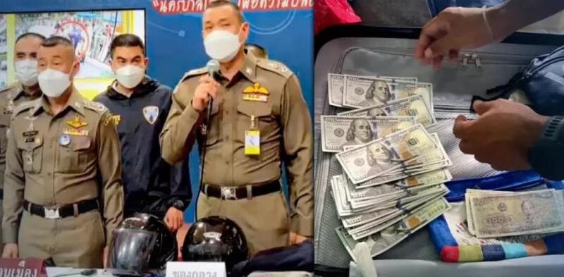 泰国警方召开记者会，指在嫌犯身上找到美金。