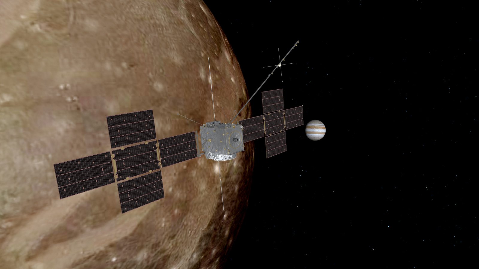 木星冰卫星探测器探索木星卫星的构想图。（图取自欧洲航天局网站）