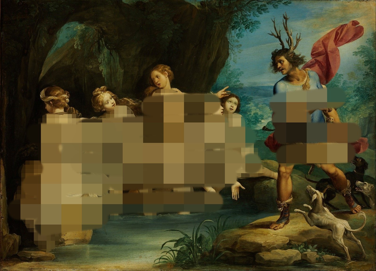 17世纪意大利画家塞萨里的画作《戴安娜与阿克泰翁》（Diana and Actaeon）。这幅画现藏于巴黎罗浮宫，内容描绘猎人阿克泰翁闯入女神戴安娜和4名仙女沐浴之处的希腊神话故事，画中5名女子全身赤裸。（图取自维基百科）
