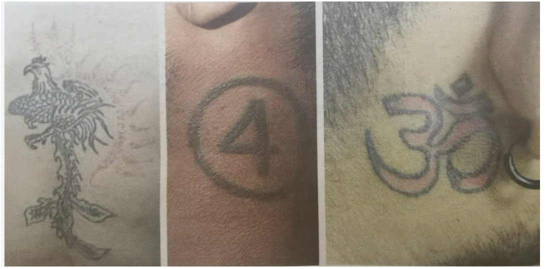 部分滋事者身上纹有私会党的专属图腾，左起：凤凰山、零四党以及三六党。（图取自大都会日报）
