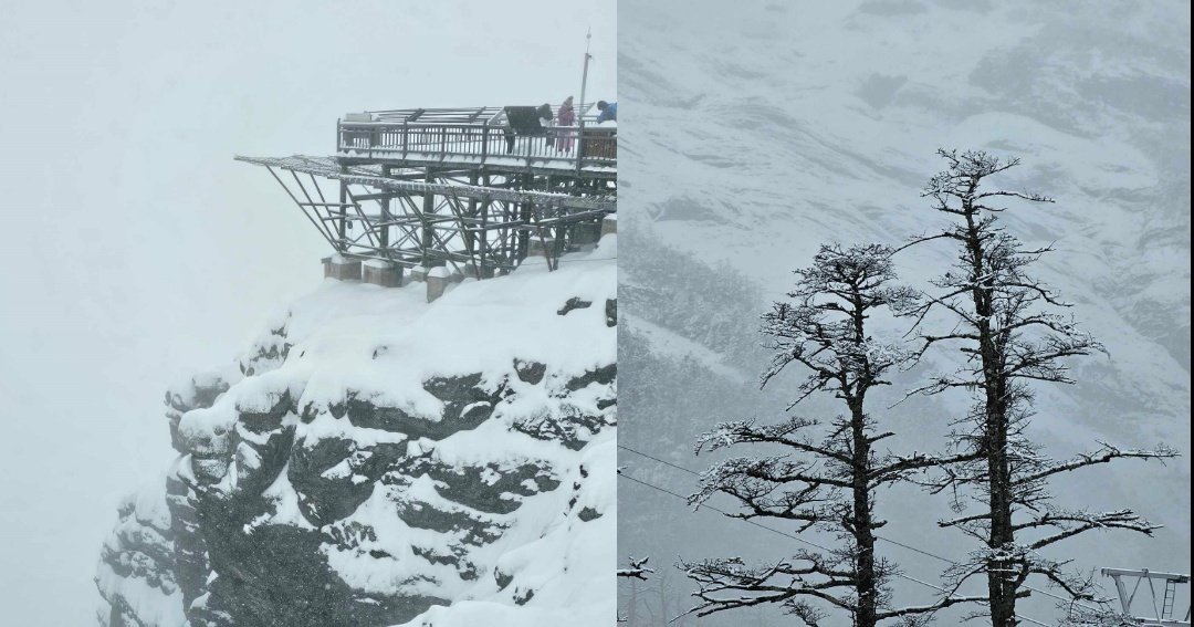 北马媒体考察团到访玉龙雪山之时，刚好遇到丽江初雪，玉龙雪山下著雪，虽看不到雪山全观，却能感受雪山朦胧之美。