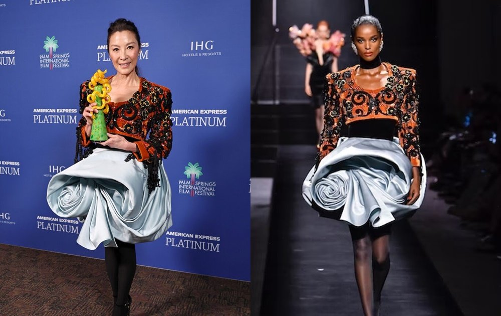 杨紫琼今年1月出席美国棕榈泉国际电影节也穿了同一品牌服装。