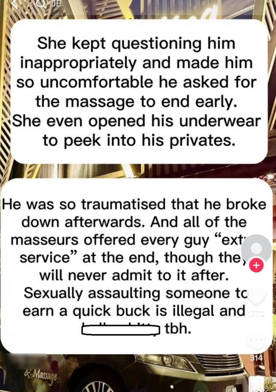 狮城男的朋友在Tik Tok开设匿名账号，控诉遭按摩女性骚扰的经历。 （取自TikTok）