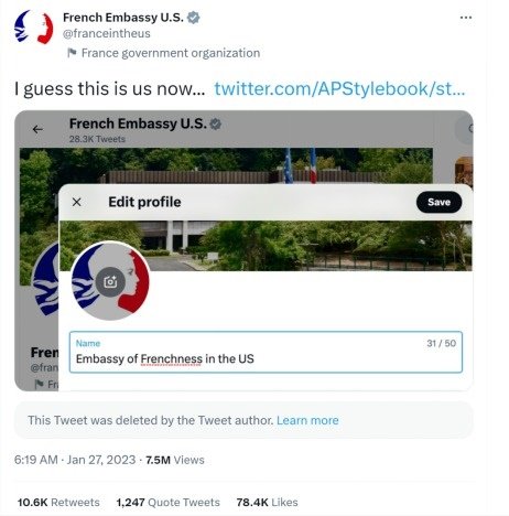 法国驻美国大使馆在推特上自嘲改名为“开在美国的法国式大使馆”（Embassy of Frenchness in the United States）。（图截取自推特 @franceintheus）