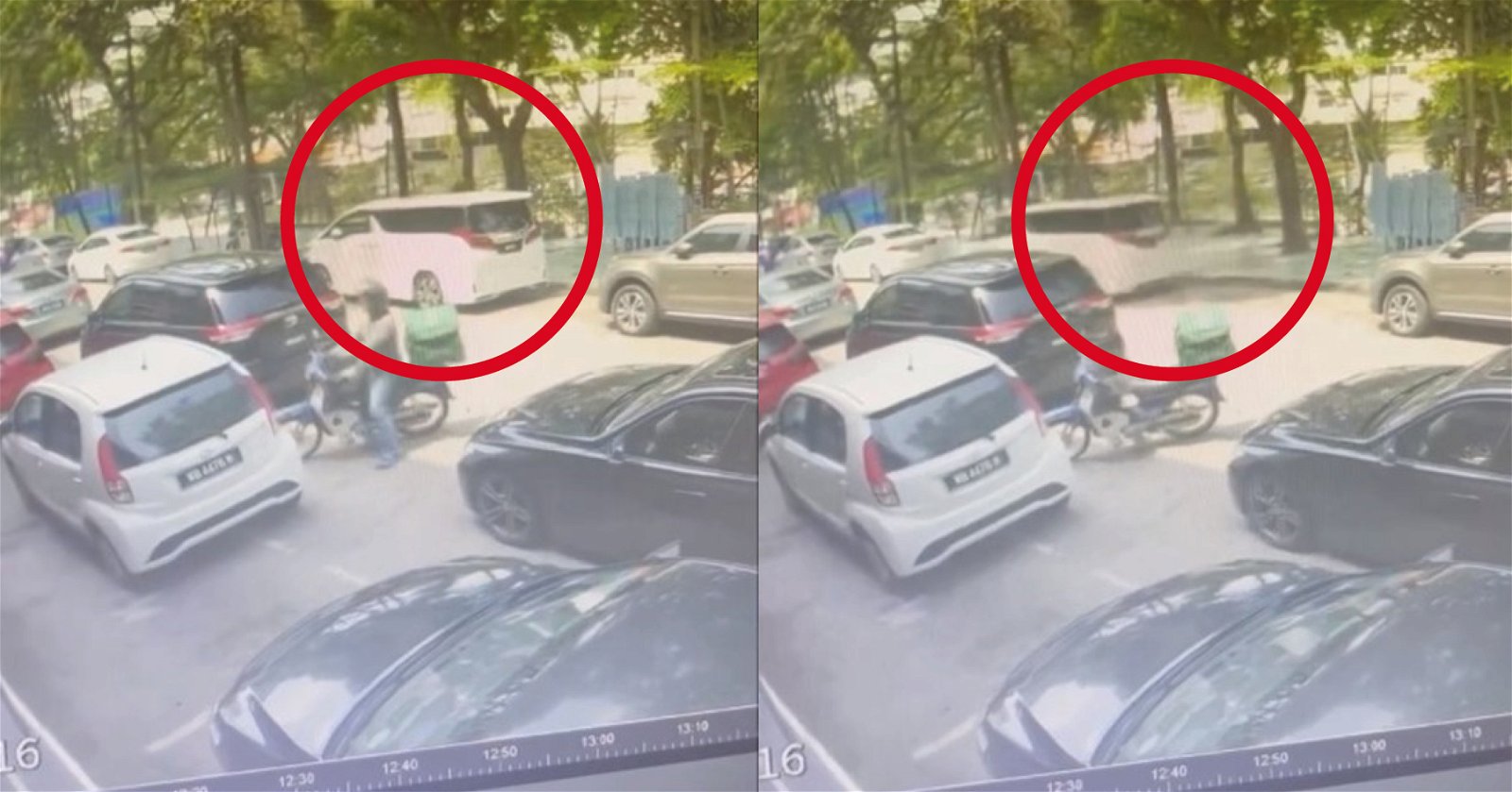 闭路电视画面显示，一名黑衣人靠近吴家润的白色休旅车（红圈），偷车贼前后只用了一两分钟就顺利把车开走。