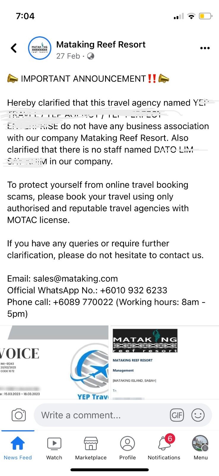 Mataking Reef Resort劝告民众应当向有向旅游局注册且信誉良好的旅行社订购旅游配套。