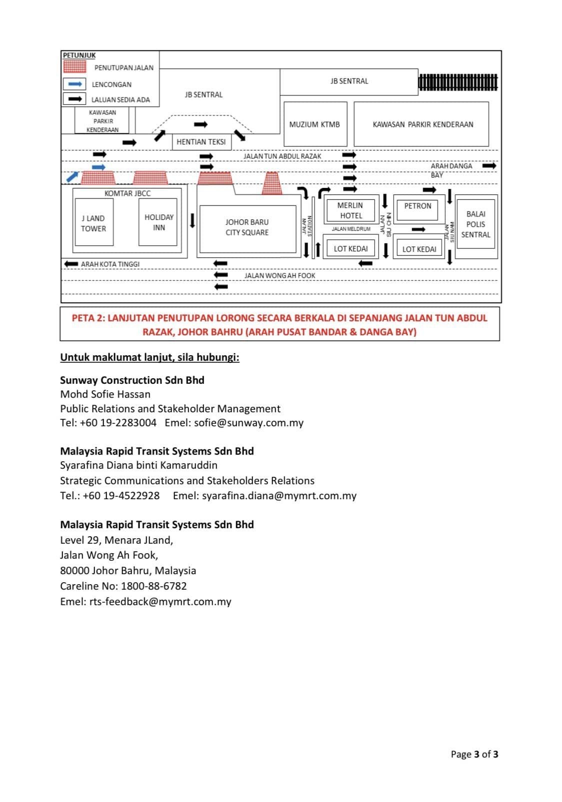 马捷运公司（MRT Corp）在通告中附上地图，供民众参考关闭路段（取自新山市政局面子书）