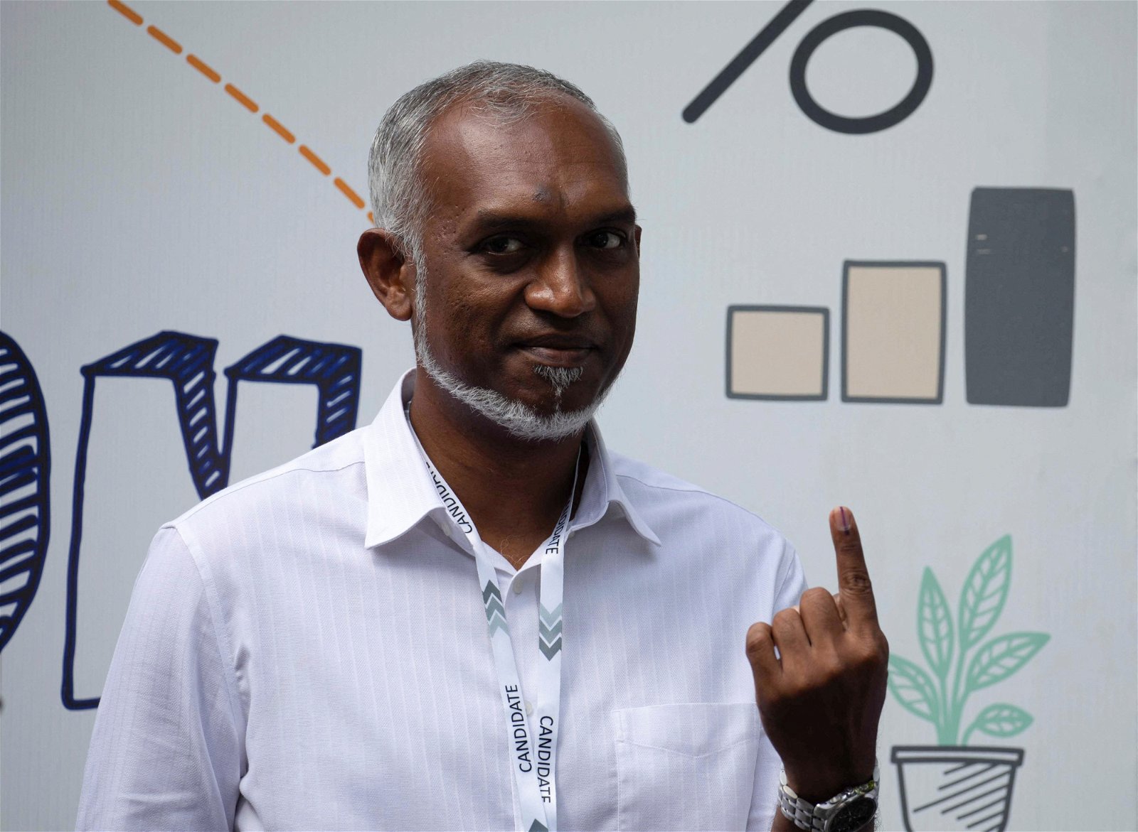 立场亲中的马累市长穆伊祖，在投票后展示做过标记的手指。（图：路透社）