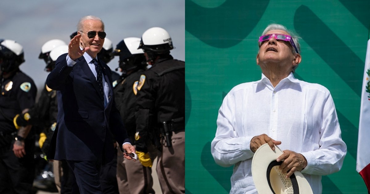 北美民众当地时间周一疯追日全食，就连美国总统拜登（左）和墨西哥总统洛佩斯也加入“追日”行列。拜登抵达威斯康星州麦迪逊市戴恩县地区机场时，手持特殊的日食观测眼镜。在墨西哥锡那罗亚马萨特兰，洛佩斯戴著特殊的太阳眼镜观看日全食。（图取自法新社）