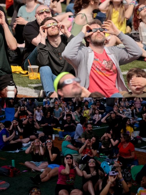 在美国俄亥俄州的鲍灵格林州立大学足球场上，观众戴著防护眼镜观看日食。上图为日全食发生前，还一片明亮；下图为日全食发生时，顿时陷入一片黑暗，现场有民众赞叹不已。（图取自法新社）
