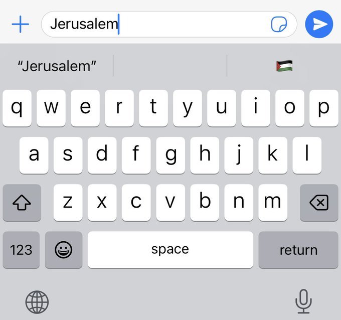 iPhone在输入Jerusalem时，键盘弹出的建议图案出现巴勒斯坦国旗。（图取自莱利X社交平台）