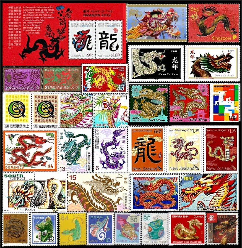 卢家添用了24年时间，收集来自68个国家的520张“龙”相关邮票。