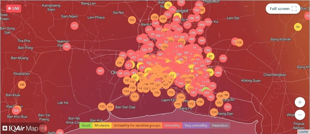 空气监测网站IQAir将曼谷列为全球10个污染最严重的城市之一，图为空气监测数据。（图取自IQAir官网）