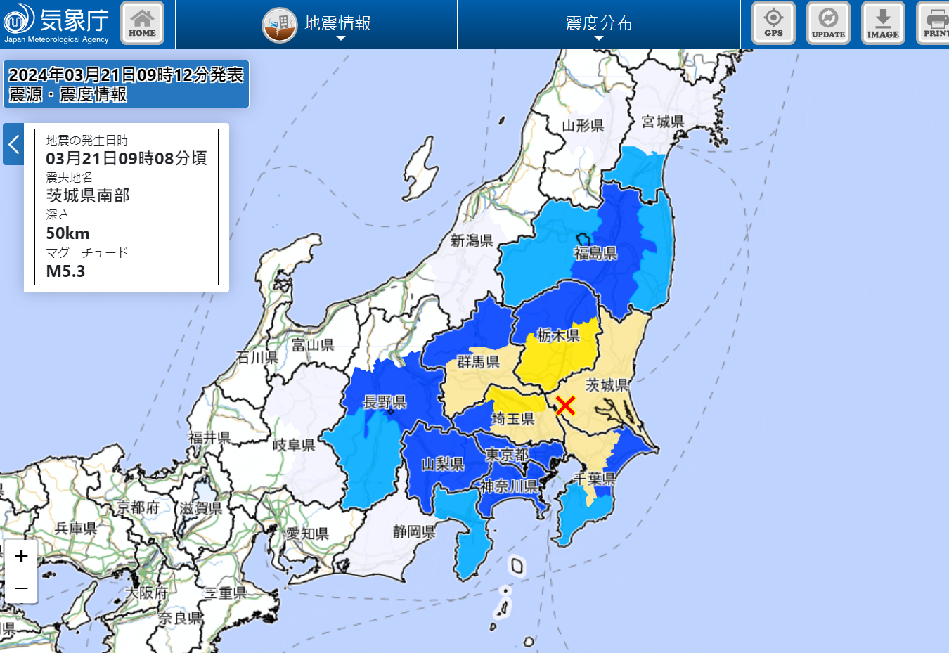 日本关东地区茨城县周四上午发生规模里特制5.3级地震。（图取自日本气象厅）