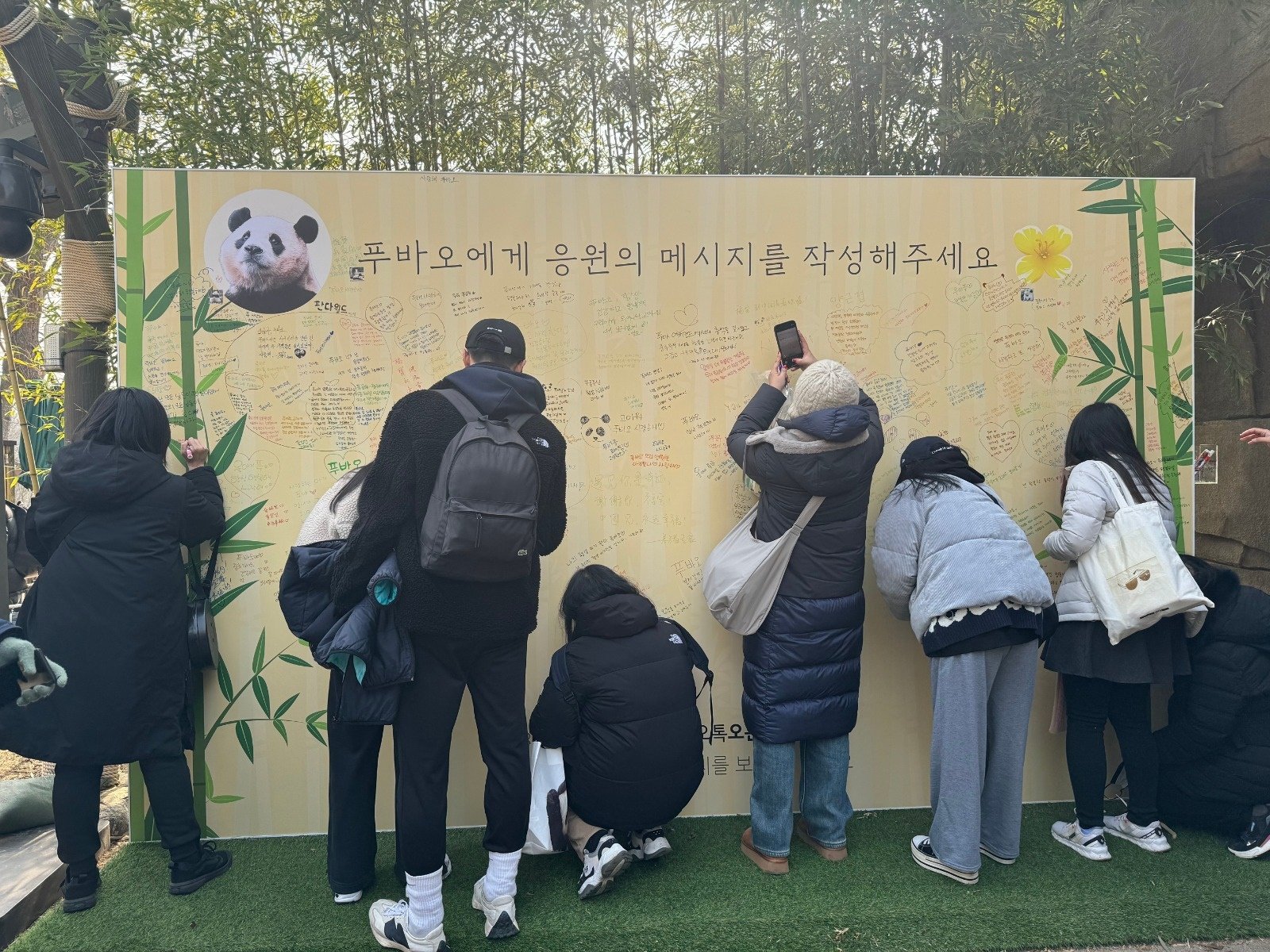 游客本月3日在韩国三星爱宝乐园熊猫世界外留言。（图取自中新社）