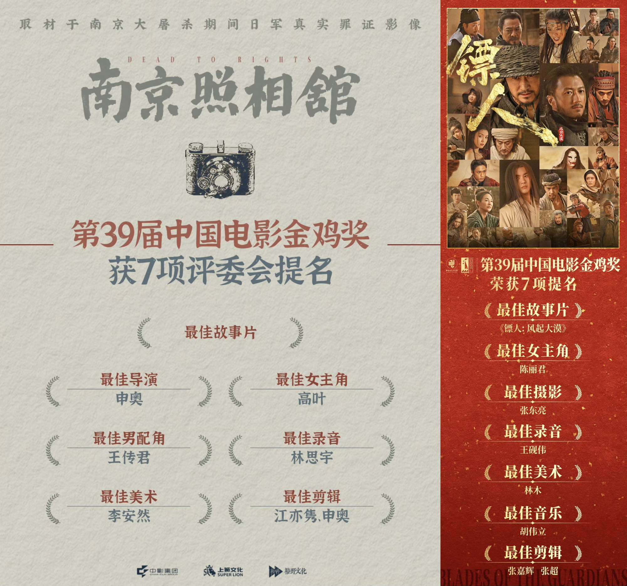 《南京照相馆》与《镖人：风起大漠》各获7项提名。