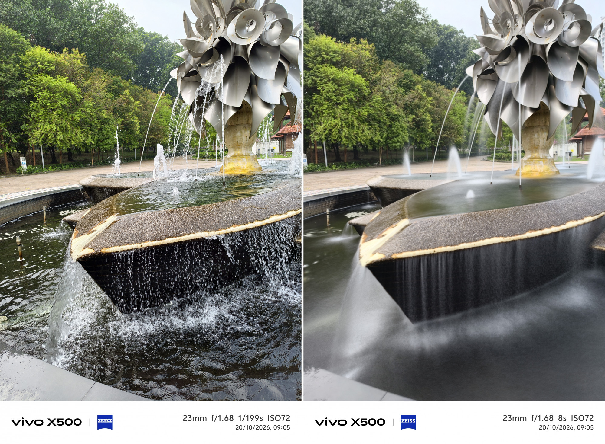 vivo X500提供多种拍摄效果。使用“行云流水”时光慢门效果，可将流水拍出如丝绸般的视觉效果。