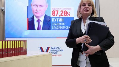 俄罗斯中央选举委员会主席帕姆菲洛娃周四正式宣布，在俄罗斯联邦第8届总统选举中，现任总统普京赢得大选，其得票率为87.28%，这一结果创下俄总统选举历史最高得票率。（图取自法新社）
