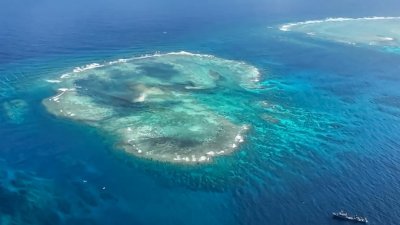 菲律宾渔业和水生资源局周一发布照片，显示菲律宾控制的南沙群岛中业岛附近一个珊瑚礁的鸟瞰图。（图取自菲律宾海岸警卫队/法新社）