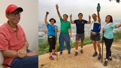 右图：潘明坤和朋友在爬山歇息时留下了合影，希望他的意志力足以让他一 次次跨越更高的那座山。