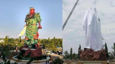 东爪哇图班县关圣庙的30公尺巨型关公像，被穆斯林以白布遮盖