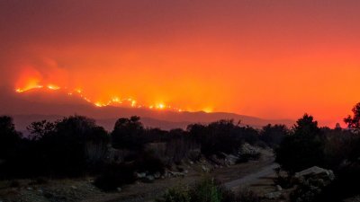 文图拉县奥哈伊镇的山区，大火火势猛烈，把夜空照得通红。面对太平洋的文图拉县，受到山火直接威胁，2万多人接到当局通知，必须撤离家园。