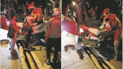 新加坡兀兰关卡附近周三清晨发生连环车祸，造成26人受伤送院，图为巴士乘客在意外发生后，从破裂的挡风镜爬下车。