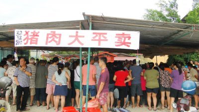 猪肉还未摆好，华都村路口的“猪肉大平卖”卖场四周已围满人潮。
