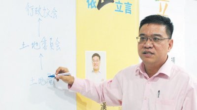 黄汉伟在白板上写下向州政府申请转让土地所涉及的部门及单位，并解释相关程序。