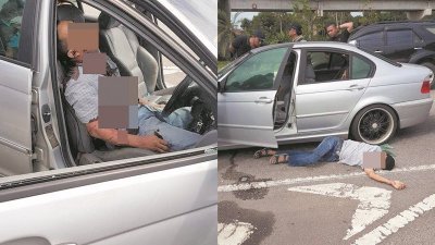 其中一名遭歼灭的匪徒浑身浴血倒卧在驾驶座上，另一名匪徒倒卧在轿车旁。