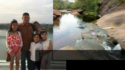 纪家顺（左2）与10岁女儿（右）在泰国瀑布嬉水，却不幸双双溺毙。