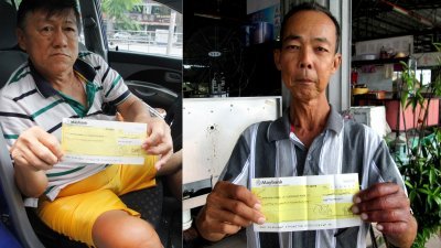 左图陈岱川获《东方日报》读者捐助5100令吉。右图苏钖宏及83岁老母亲获得读者捐赠1万440令吉。