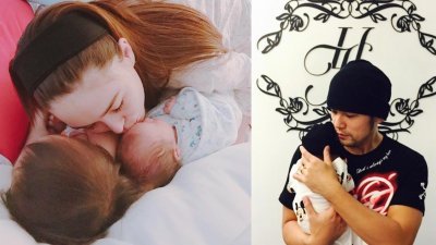 左：周杰伦昨上传昆凌亲吻女儿与儿子照片；右：周杰伦抱大女儿Hathaway旧照。