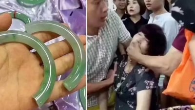 中国一名女游客在云南购买玉镯时试戴，不慎将价值30万人民币（约19万令吉）的玉镯摔断，当场被吓晕。