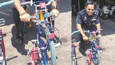 昔加末警区主任拉勿副警监向媒体示范少年党骑乘脚车的姿式。