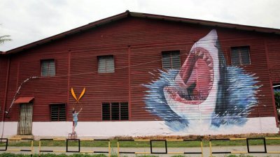 沙沙兰的“大鲨鱼”壁画，是不少游客最喜欢打卡及拍照的景点，但在半年前有 关壁画已被清除，漆上巧克力色油漆；图为清除前的壁画。