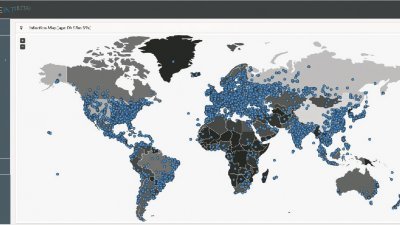 根据僵尸网络研究统计网站Malwaretech的即时地图，“WannaCry”勒索软件病毒在短短24小时内感染全球150个国家（蓝点为受感染国家）逾36万台电脑。